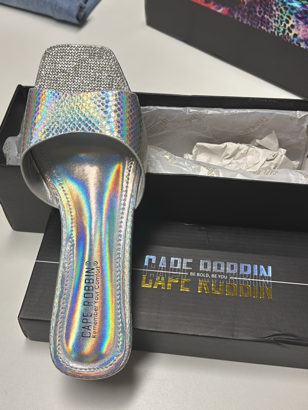 Cape Robbin Iridescent Silver Holographic Slide Sandal